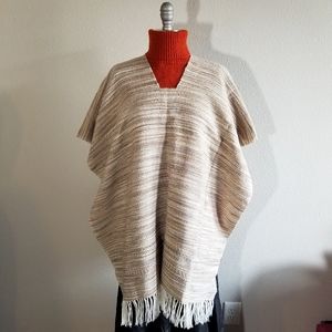 Vintage Sand/Cream Neutral Bohemian Poncho with Fringe OSFM